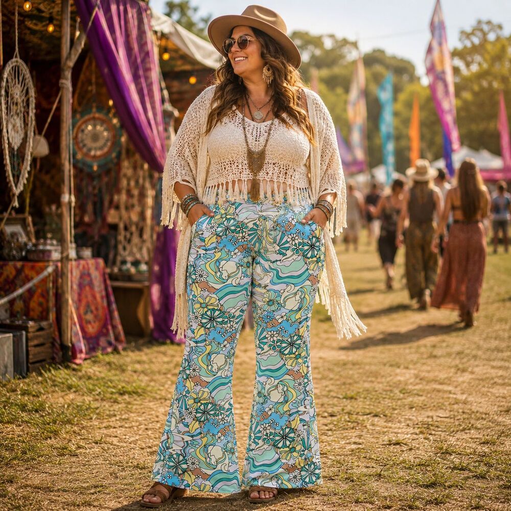 Boho Pull On Flare Pants Women's 3 XL Psychedelic Floral Retro Hippie Yoga
